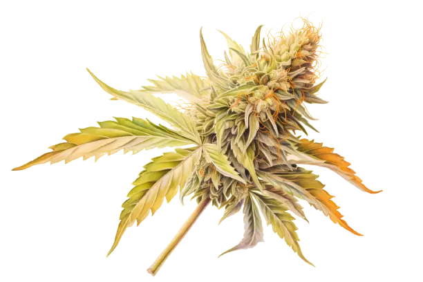 Cannabisblüte mit vielfältigen Farbnuancen und grüne Cannabisblätter Die Farbenkombination einer Cannabispflanze ist harmonisch.