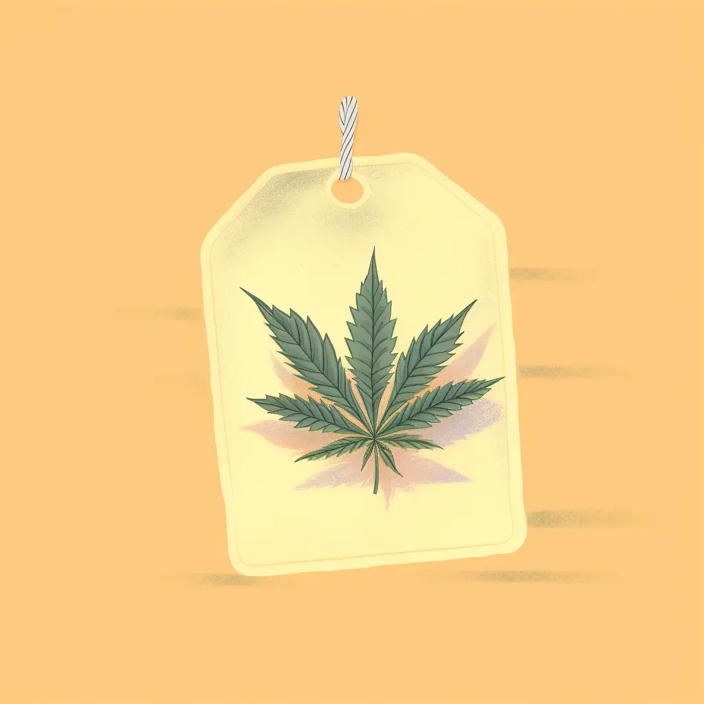 Pastellfarbenes Hanfblatt: Ein schönes Detail auf jedem Etikett Ein Preisschild mit einem Cannabisblatt, das für den Cannabis-Social-Clubs in Hagen bestimmt ist.