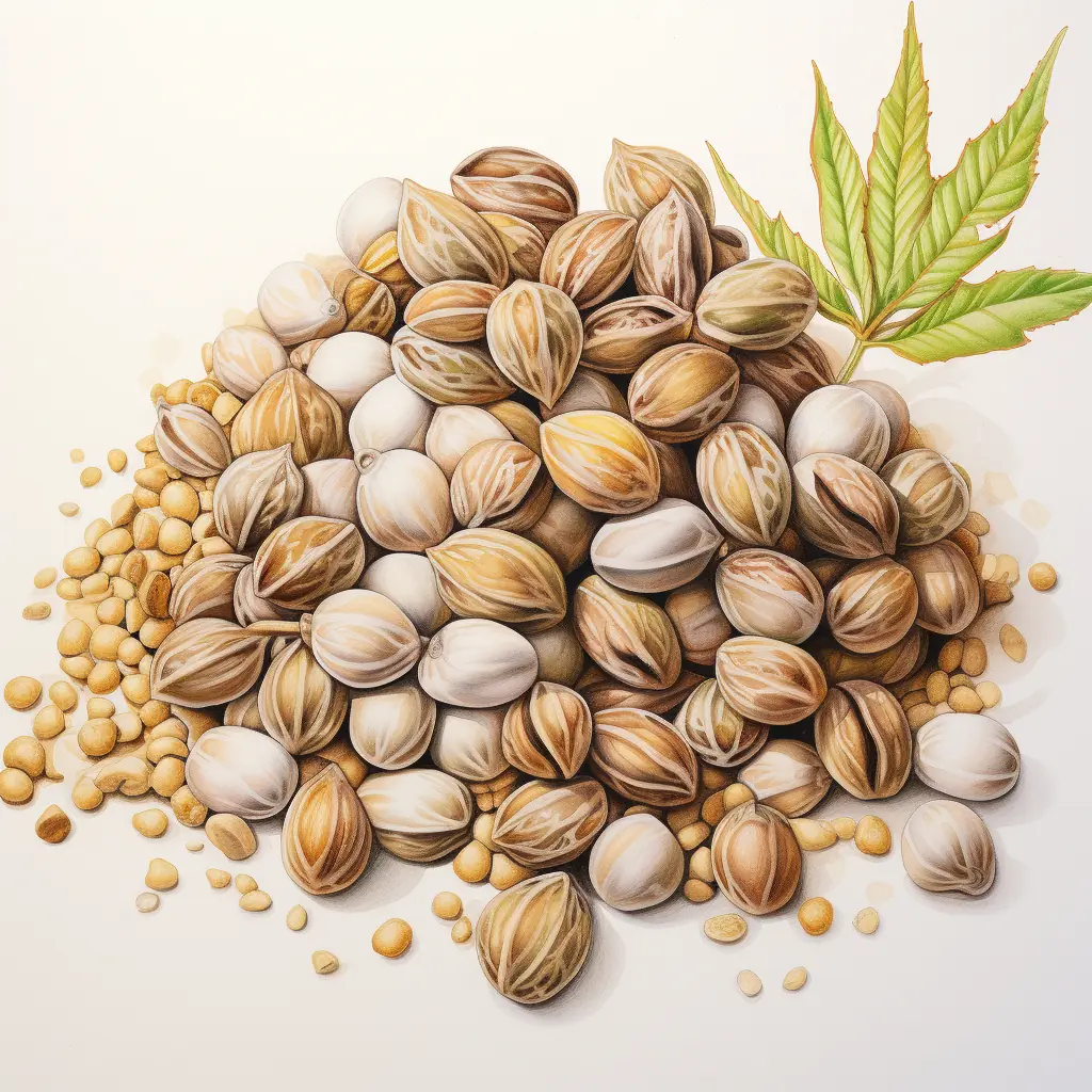 Eine halbrealistische Zeichnung, die Cannabis-Samen in Pastellfarben hat. Cannabis-Samen in zarten Farben - eine halbrealistische Zeichnung.
