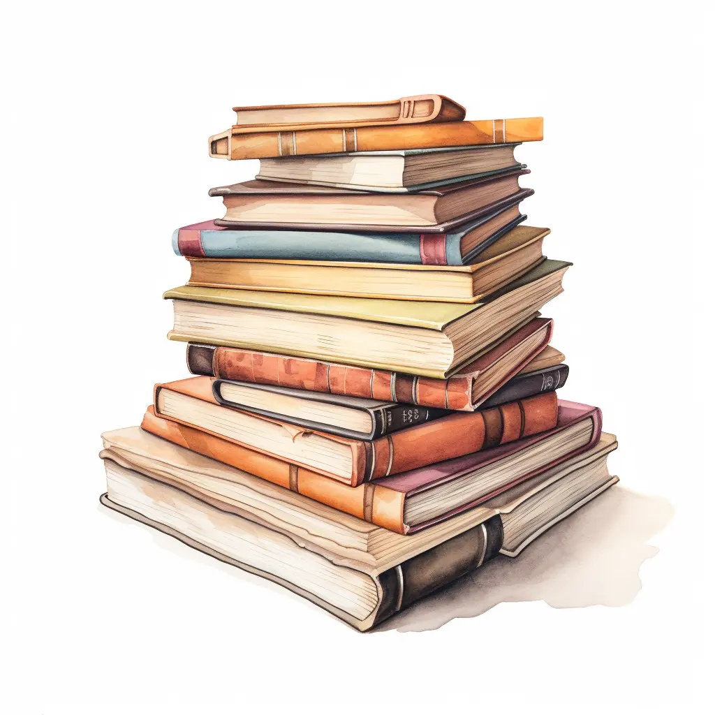 Pastellfarbene Bücher in halbrealistischer Zeichnung - ein Geschenk für die Ewigkeit Ein beiger Hintergrund in einer urbanen Gegend ist der Untergrund für einen Stapel Bücher.