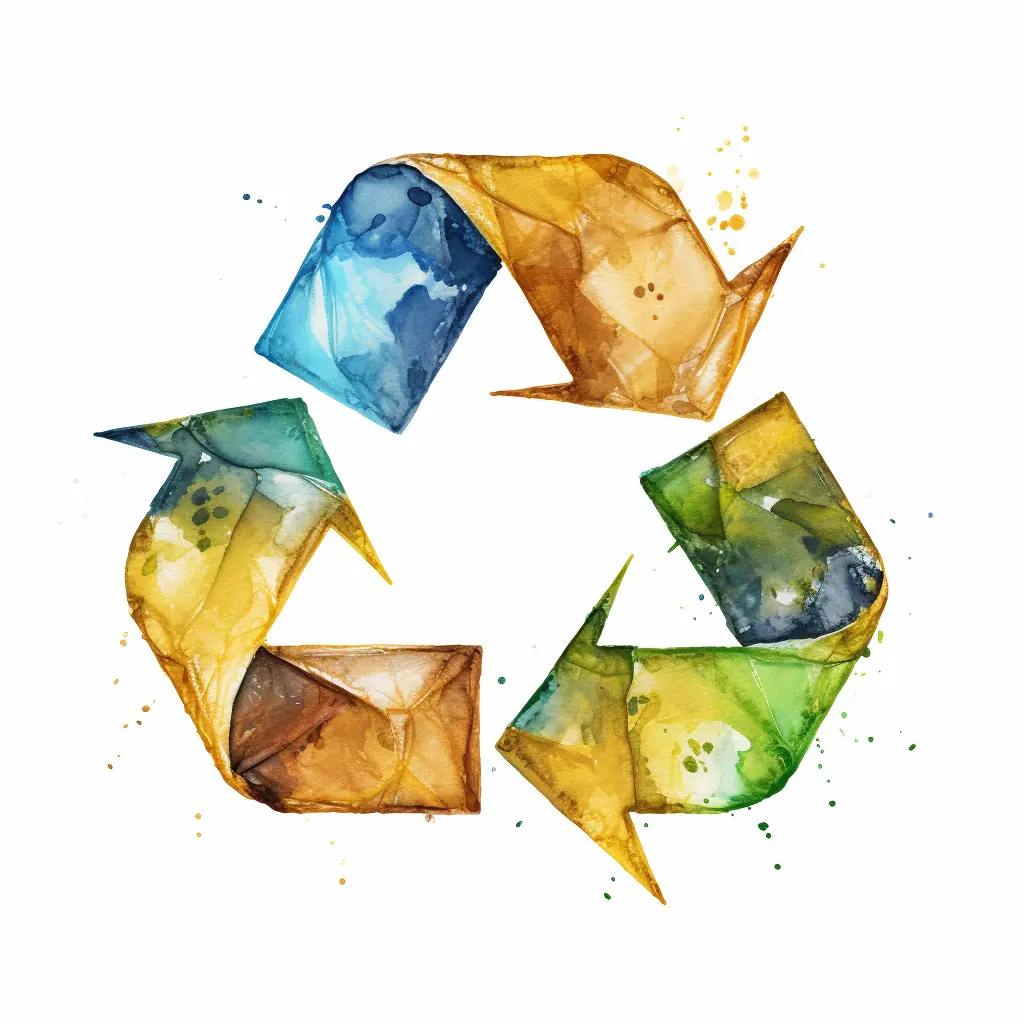 Ein Recycling-Symbol in zarten Farben, das kreativ ist, drückt den Umweltschutz aus, der wie eine Mischung aus Wirklichkeit und Zeichnung wirkt. Ein Recycling-Symbol liegt auf einem Hintergrund in beiger Farbe.